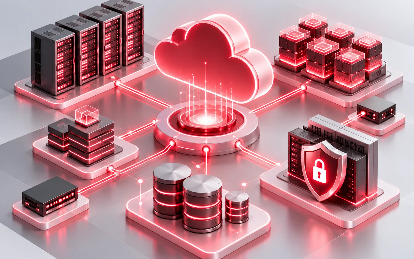 Illustration of a cloud connected to servers, storage and security systems