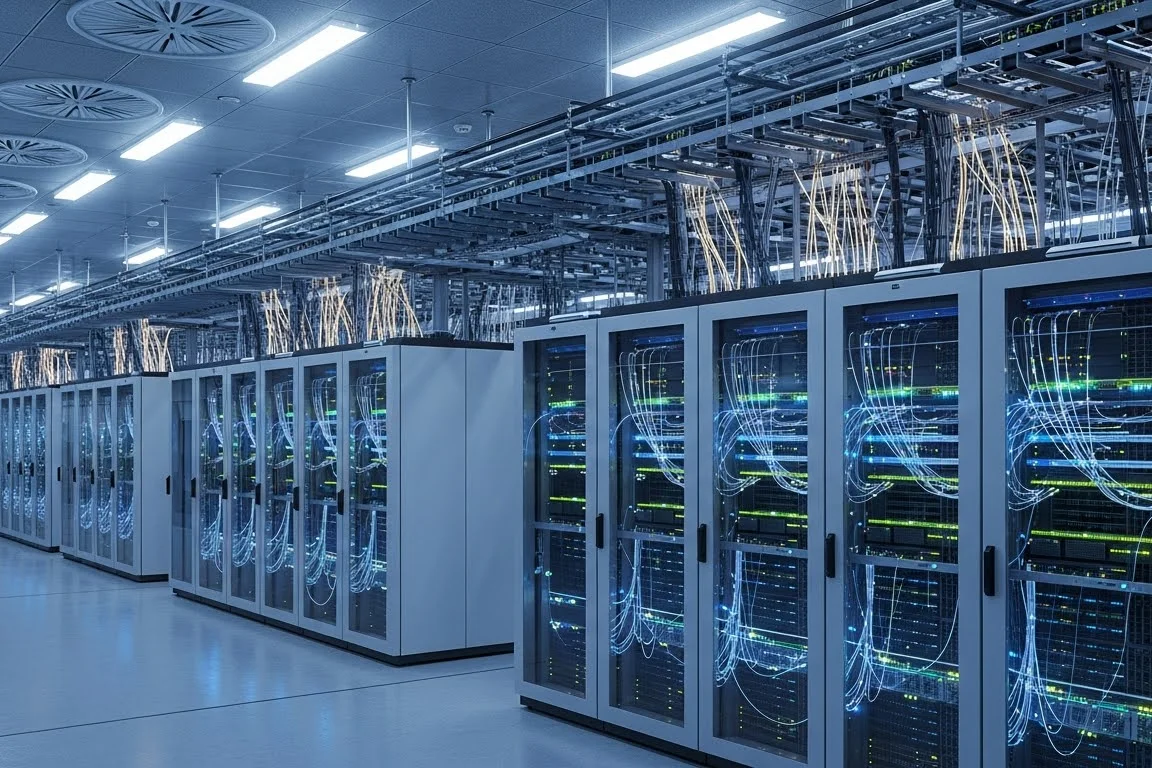 Rows of server racks in a modern datacenter