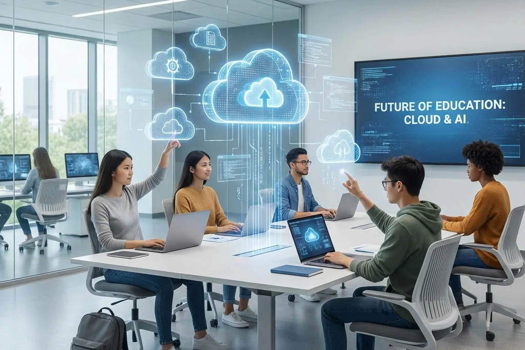 Students working with cloud tools in a modern classroom