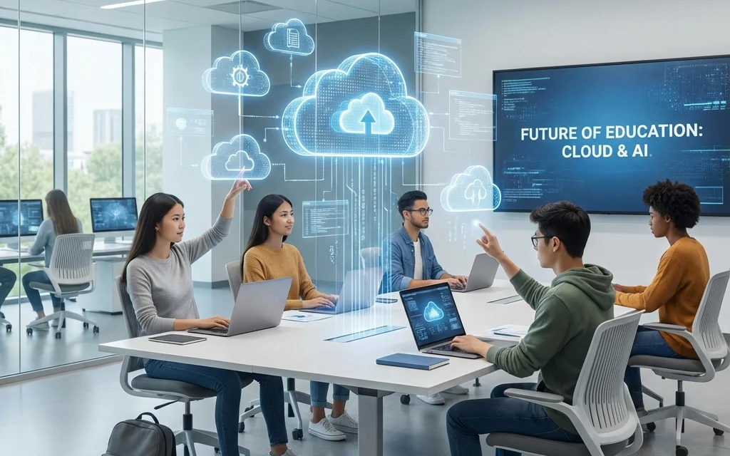 Students working with cloud tools in a modern classroom