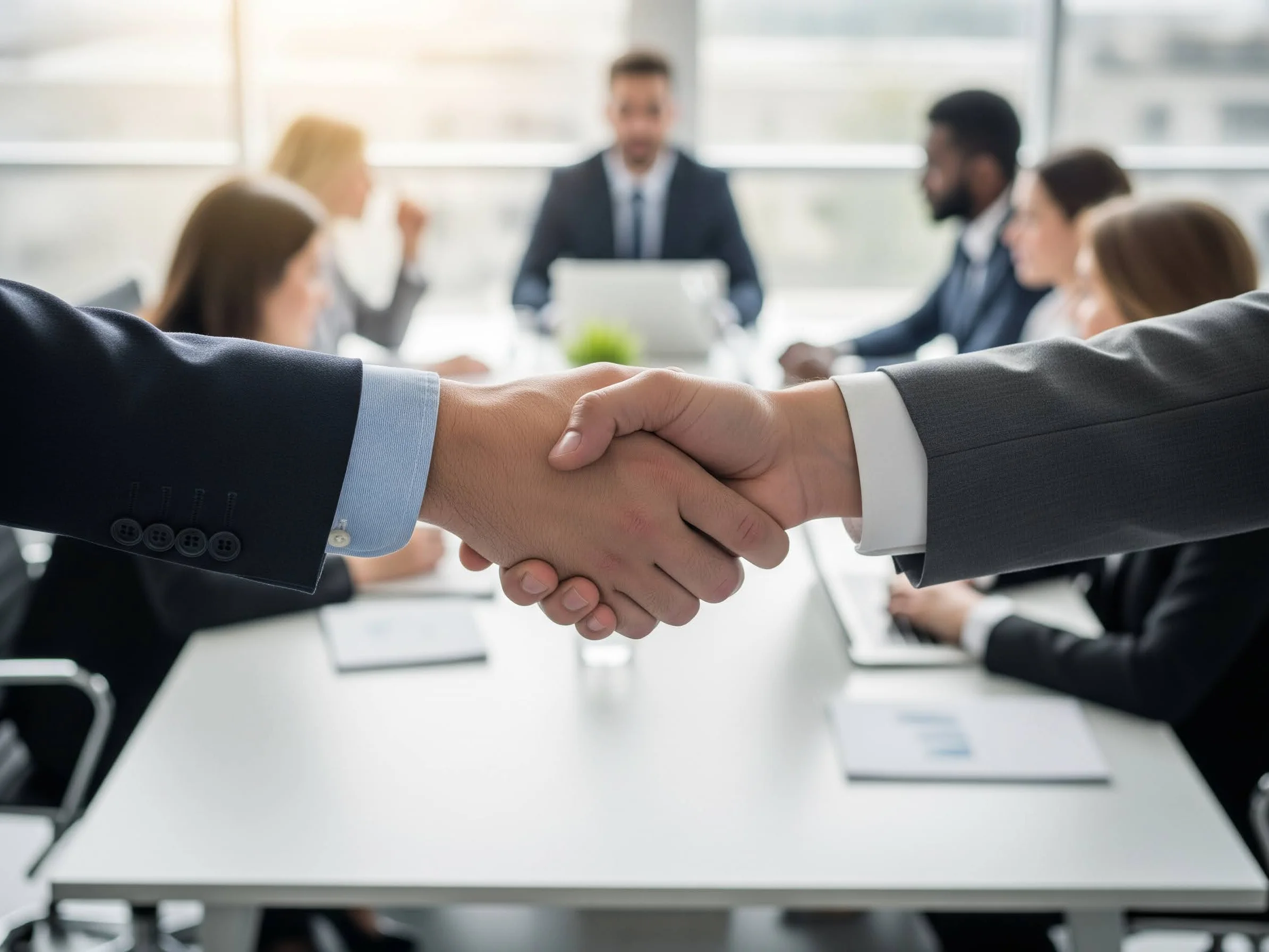A business meeting ending in a handshake