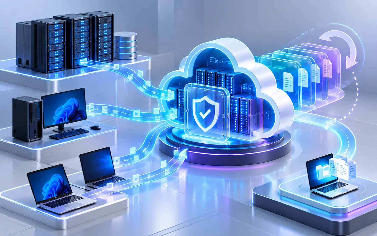 Illustration of servers and laptops backing up securely to the cloud