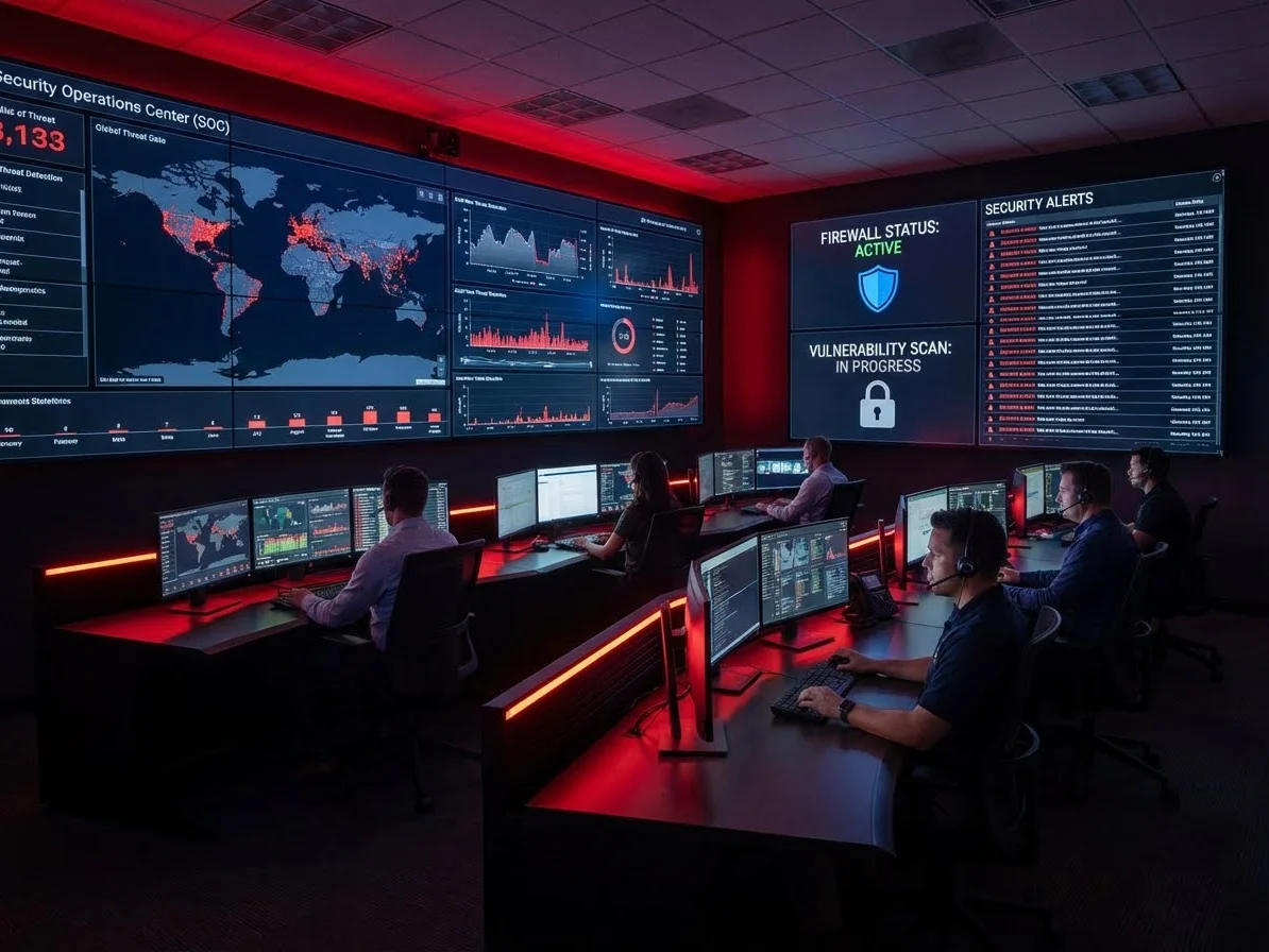 Engineers monitoring systems in an operations room